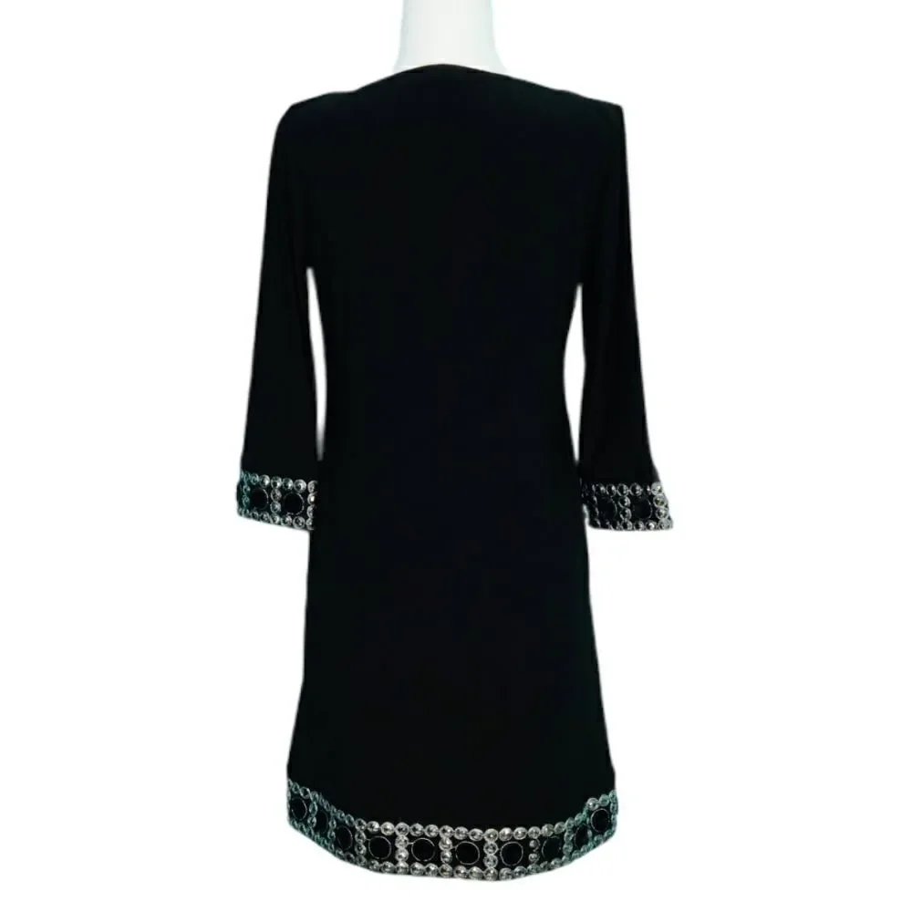 Tiana B. Jewel Embellished Black Shift Dress Crew Neck Long Sleeve Women Size 8P - Picture 9 of 12